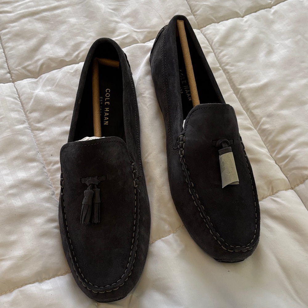 Cole Haan Rodeo Tassel Driver in Gray Pinstripe